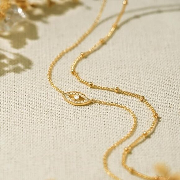 Neiman Marcus Illuminated 14K Gold Plated CZ 2-layer Evil Eye Necklace - Picture 3 of 4